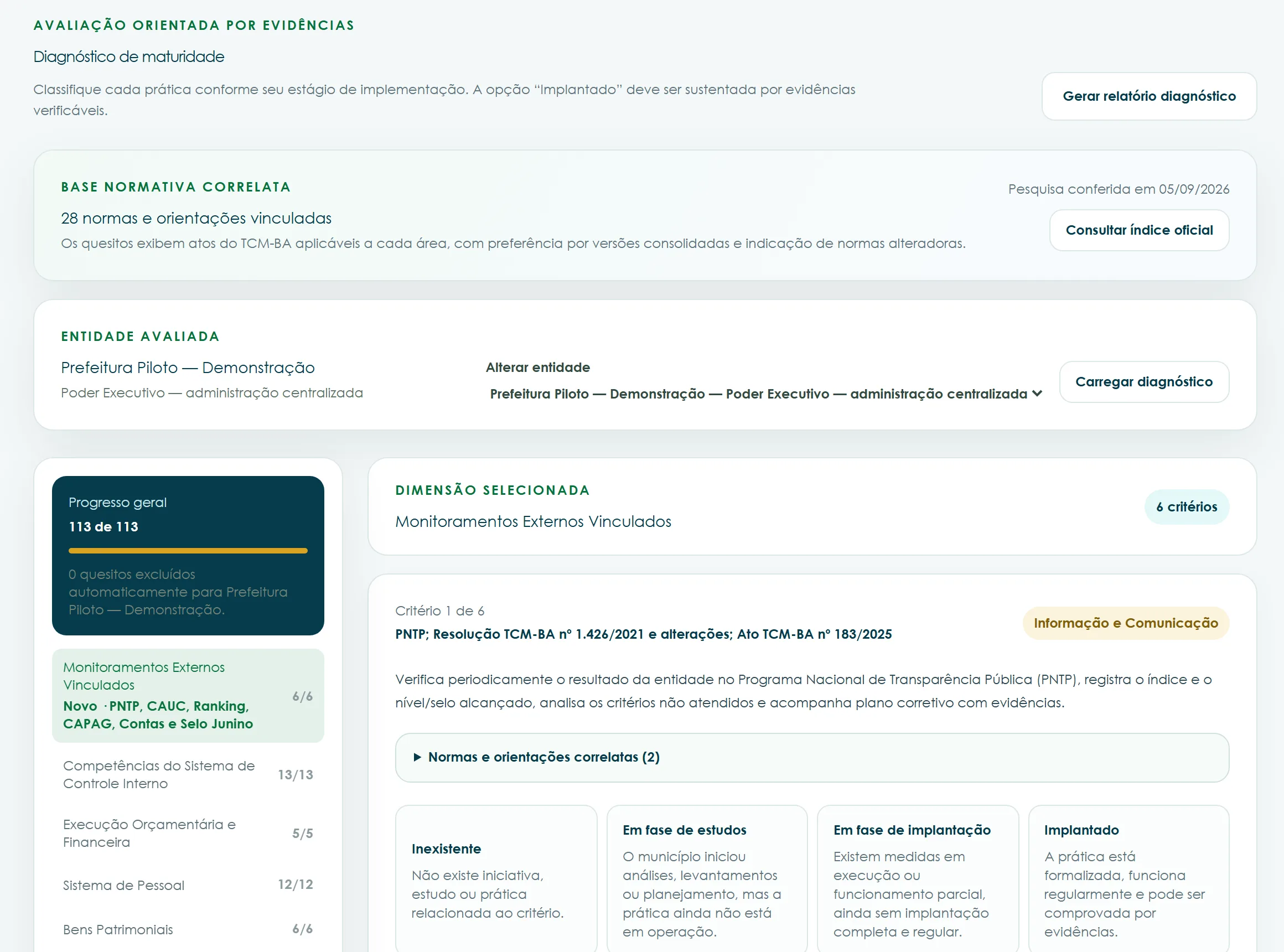 Tela de diagnóstico de maturidade do EvidênciaGov, com a base normativa correlata, o progresso por dimensão e os níveis de implementação de cada critério.